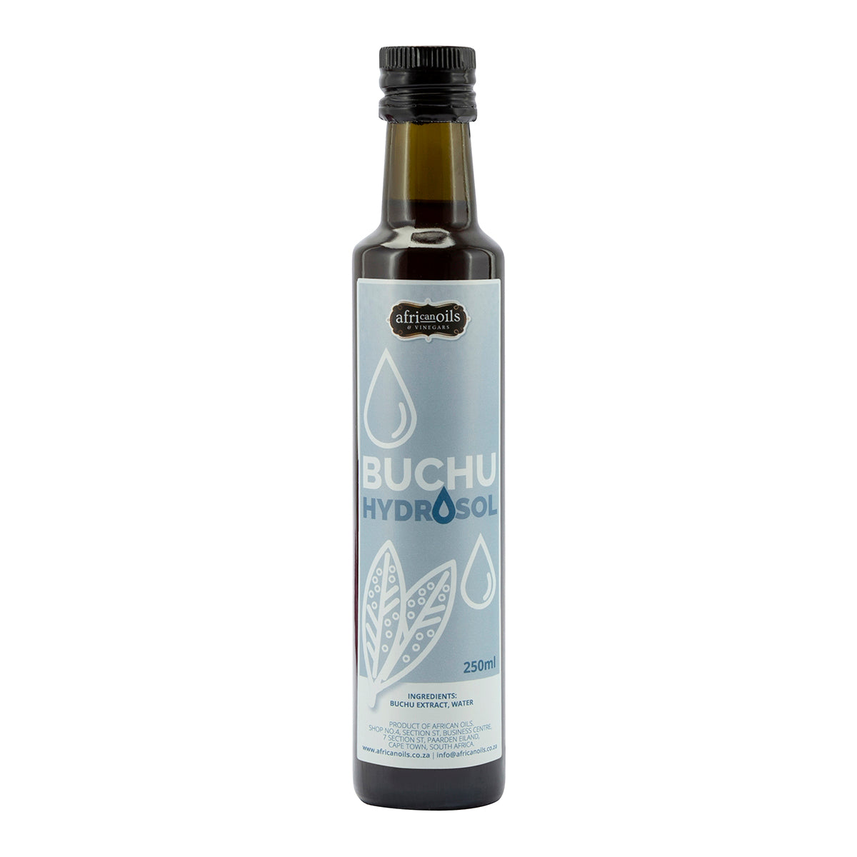 Bottle of Buchu Hydrosol with a white label on a white background