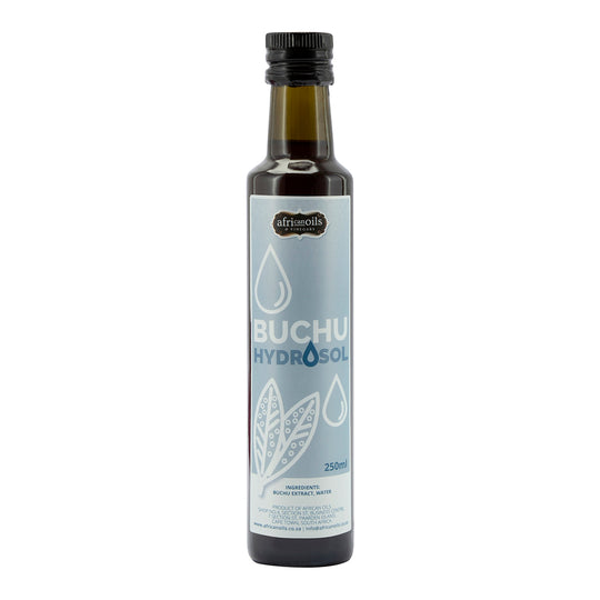 Bottle of Buchu Hydrosol with a white label on a white background