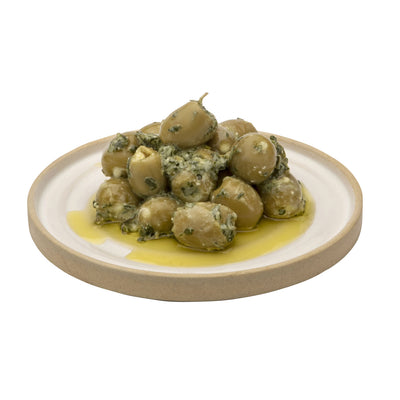 Green Olives stuffed with tangy feta cheese & Moroccan lemons