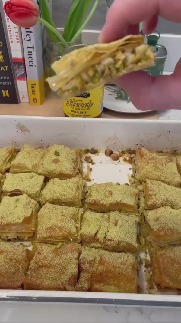 Making pistachio baklava with African Oils olive oil and honey